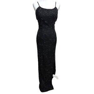 Sean Mehta Beaded Evening Gown Sz S Black 100% Silk Elegant Glam Holiday Gala